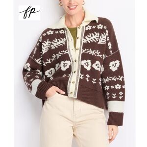 Free People Shelby Cardigan in Chocolate S Cozy Jacquard Knit Boxy Sweater